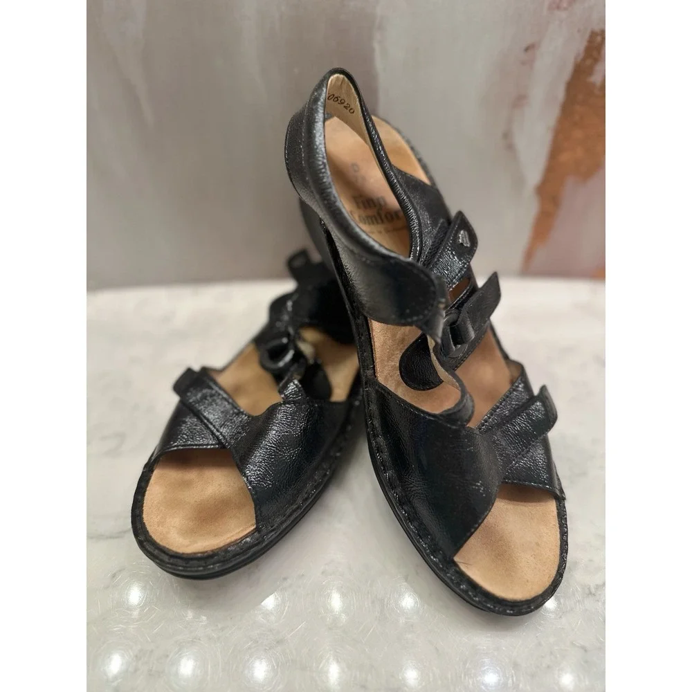 Finn Comfort Adana Dress Sandal Womens 9.5 US/7.5 UK Black‎ Patent Leather Wedge